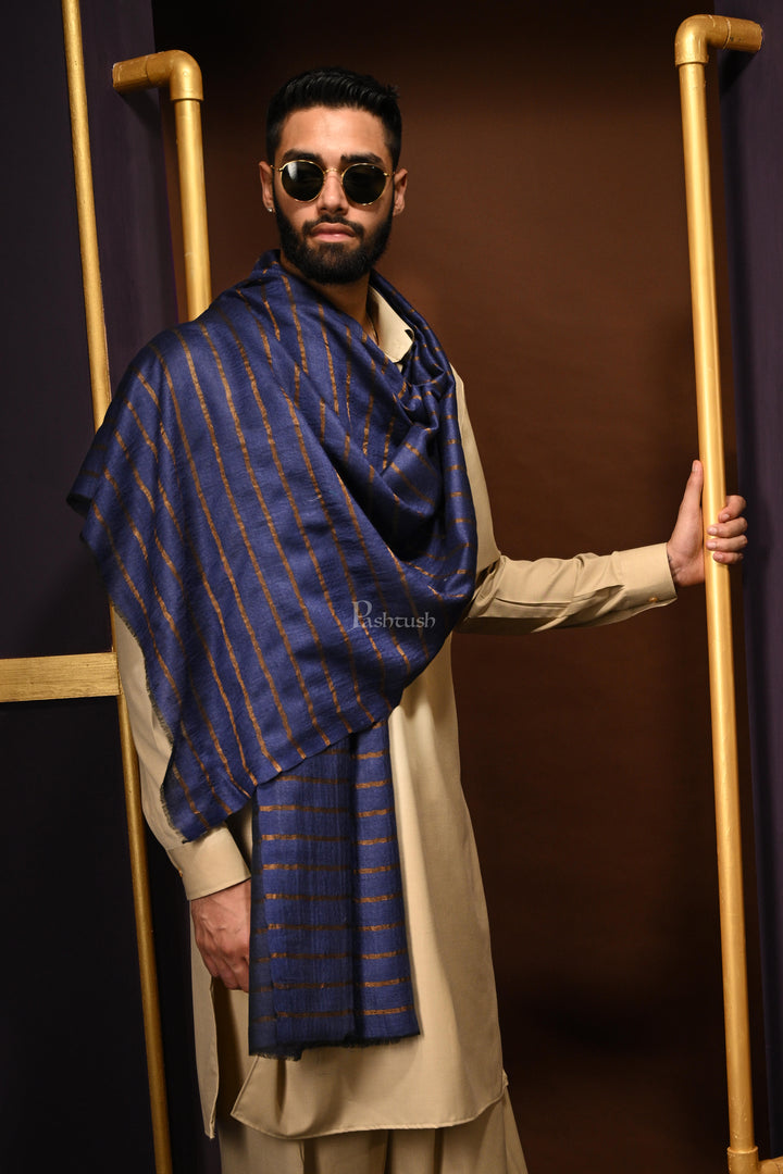 Pashtush Mens Twilight Collection, Striped Metallic Thread Weave, Fine Wool, Blue and golden