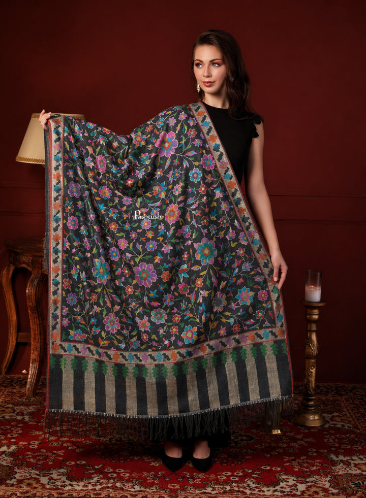 Pashtush Womens Pure Pashmina Kaani Shawl, Handloom, Hand woven, Black