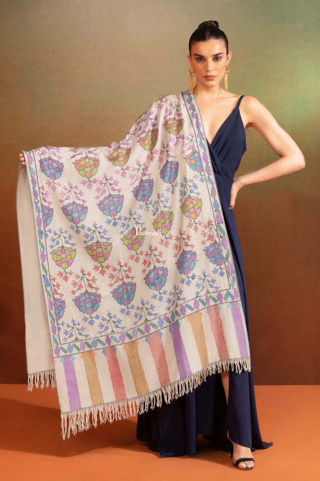 Pashtush Womens Pure Pashmina Handloom Kaani Shawl, Handwoven, Pastel Hues, Ivory with Natural Woven Base