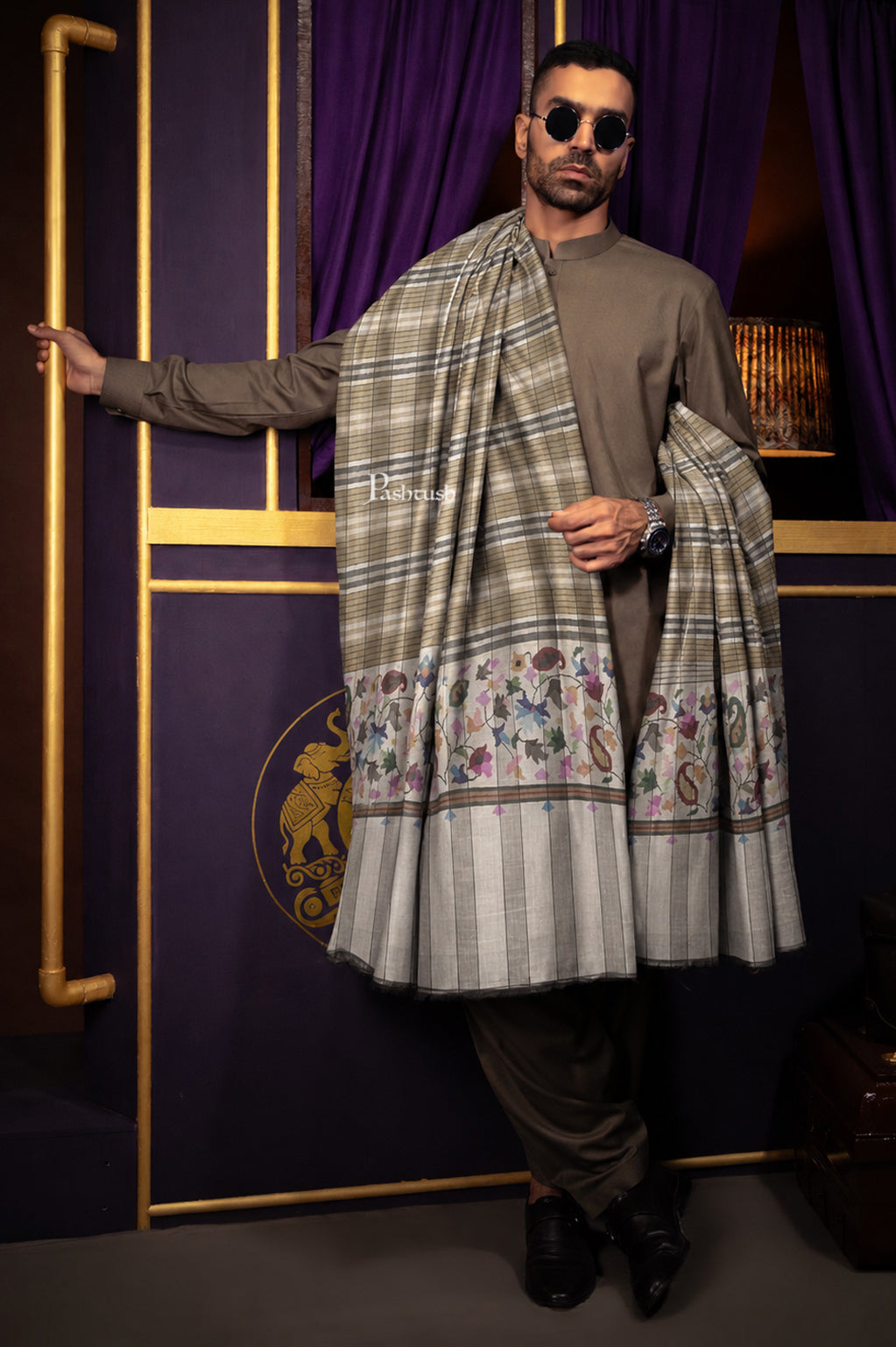 Pashtush Mens Pure Pashmina Shawl, Handwoven Kaani, Multicoloured Palla, Beige