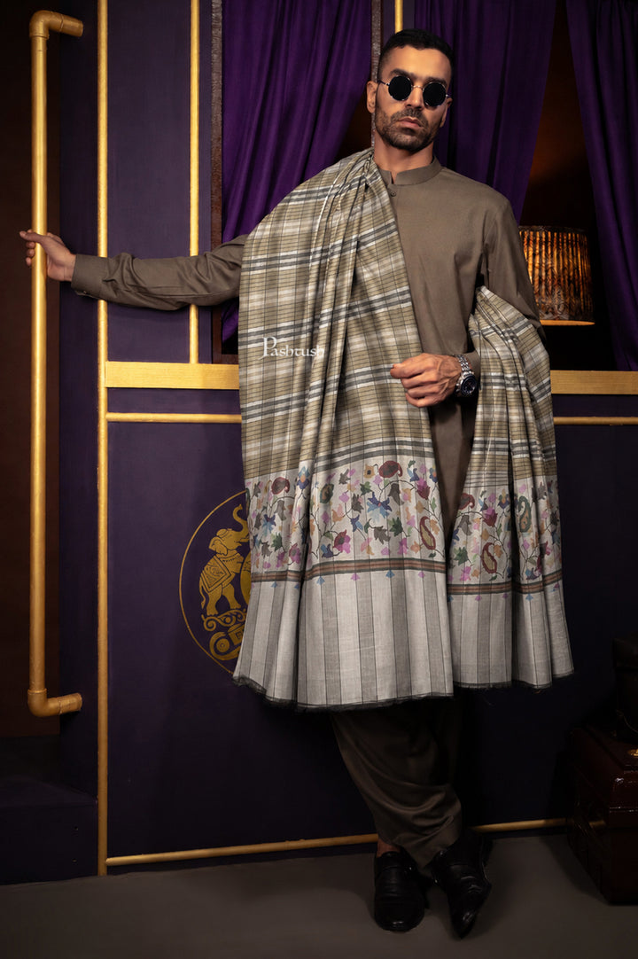 Pashtush Mens Pure Pashmina Shawl, Handwoven Kaani, Multicoloured Palla, Beige