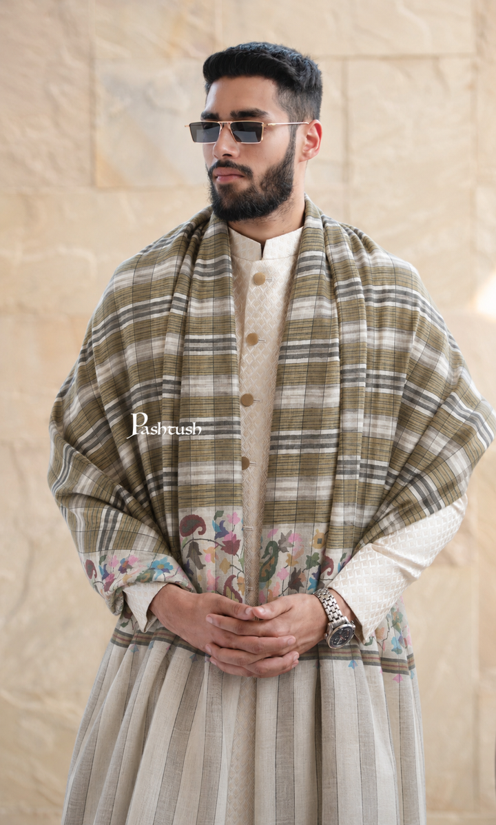Pashtush Mens Pure Pashmina Shawl, Handwoven Kaani, Multicoloured Palla, Beige