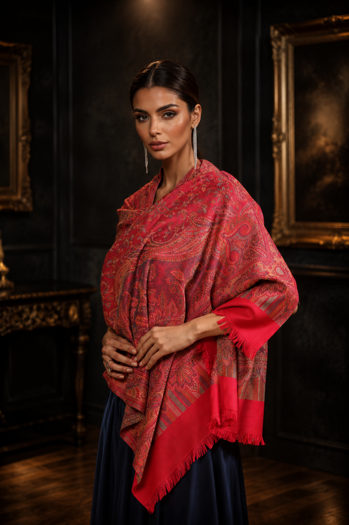 Pashtush Womens Faux Pashmina Stole, Pasiley Design, Dark Pink