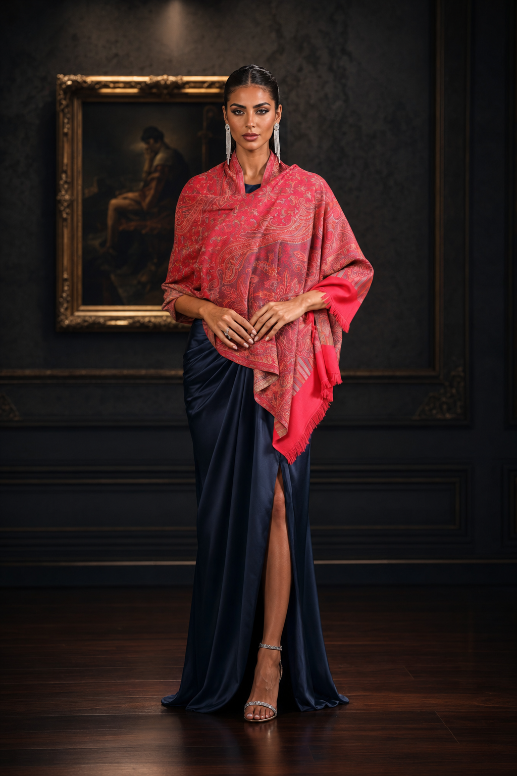 Pashtush Womens Faux Pashmina Stole, Pasiley Design, Dark Pink