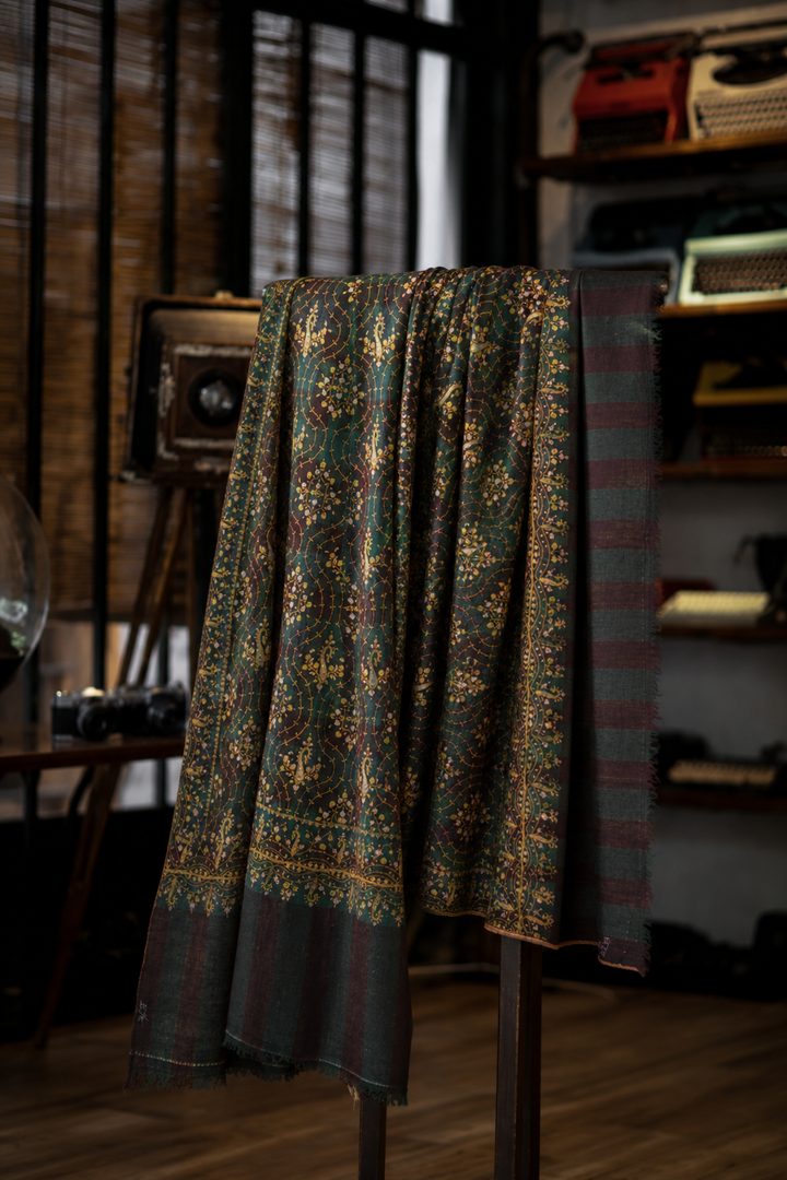 Pashtush Mens Pure Pashmina Stole, Sozni Hand Embroidery, Hand Woven