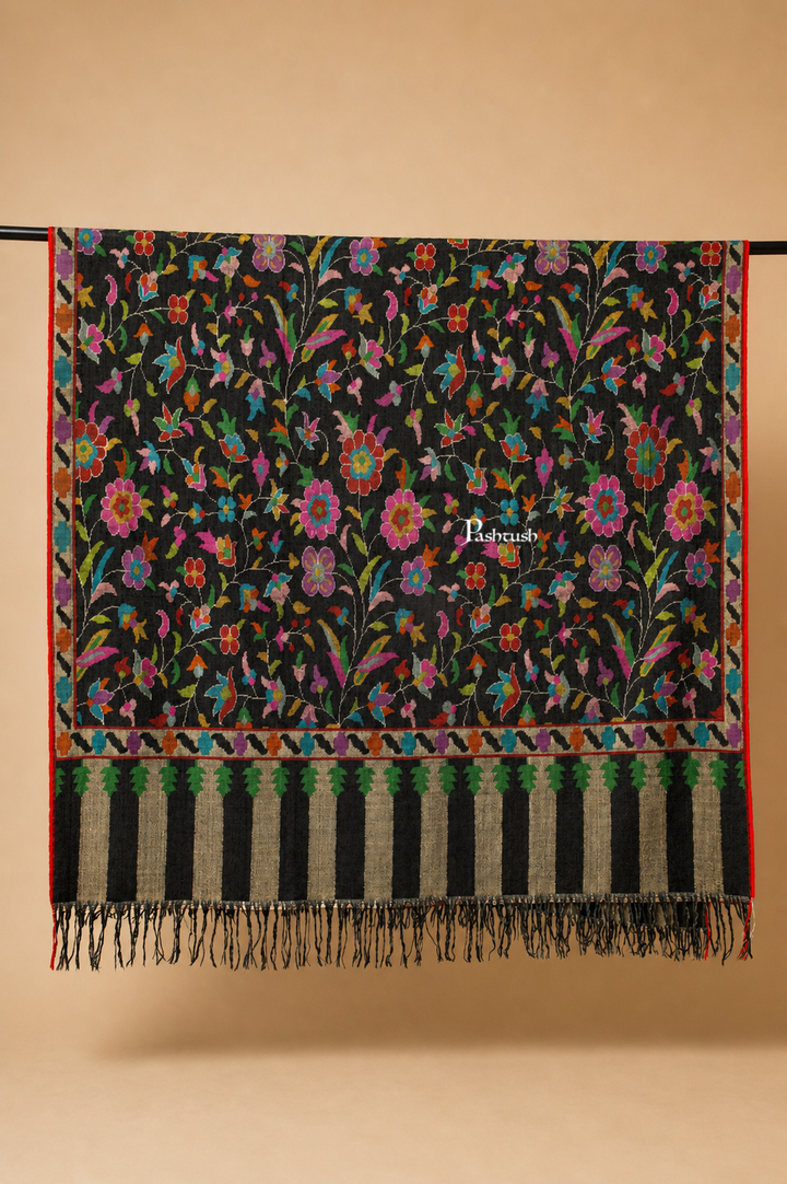 Pashtush Womens Pure Pashmina Kaani Shawl, Handloom, Hand woven, Black