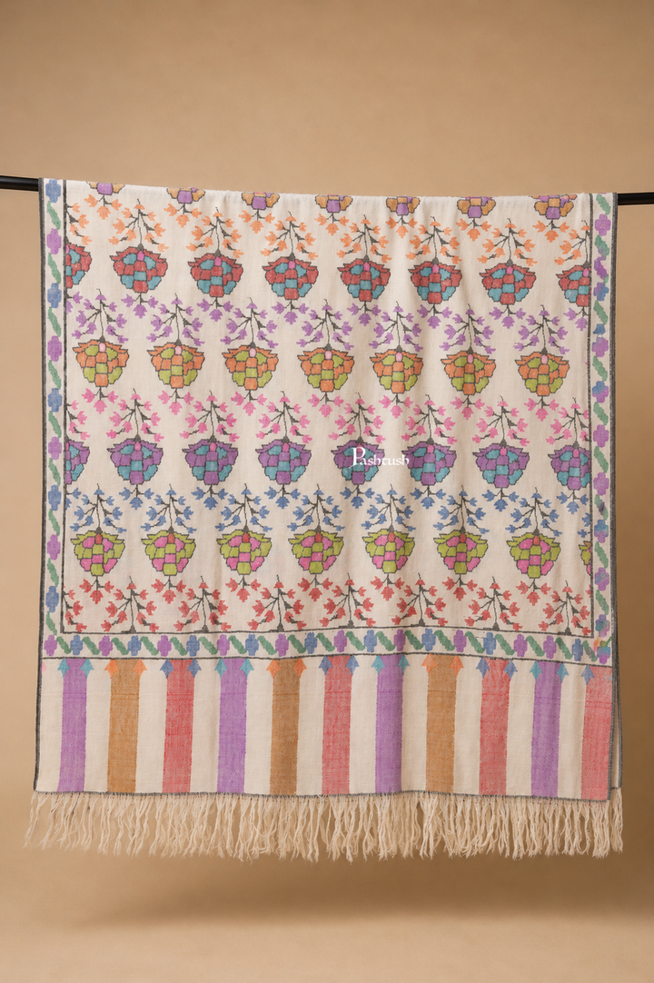 Pashtush Womens Pure Pashmina Handloom Kaani Shawl, Handwoven, Pastel Hues, Ivory with Natural Woven Base
