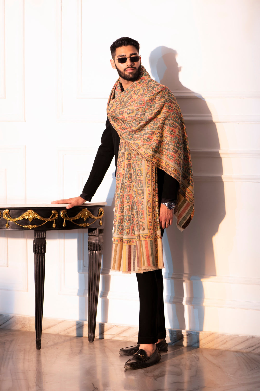Pashtush His and Her Gift Set of Mens Extra Fine Wool Shawl and Womens Pure Wool Shawl, Beige and Red, Packaged in Keepsake Wooden Chester Gift Box