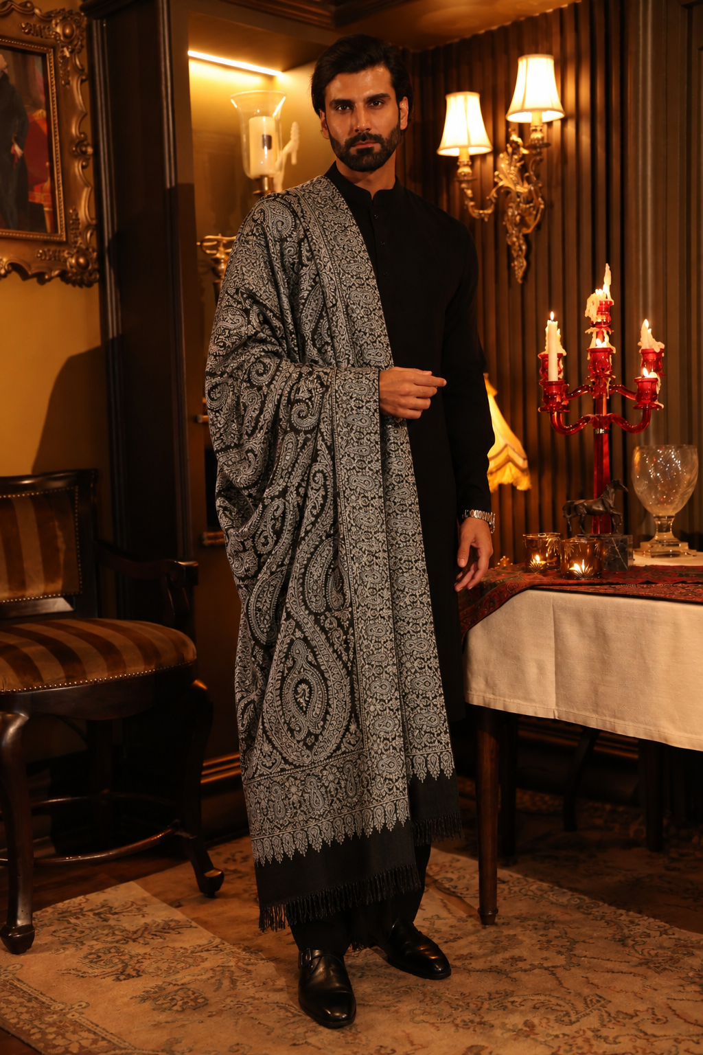 Pashtush Mens Pure Pashmina Jama Shawl, Hand Embroidery, Hand Woven, Full Size