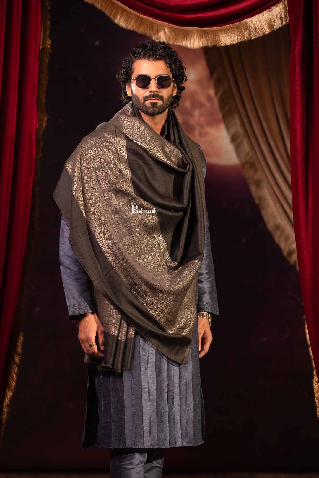 Pashtush Mens Stole, Twilight Design, Black