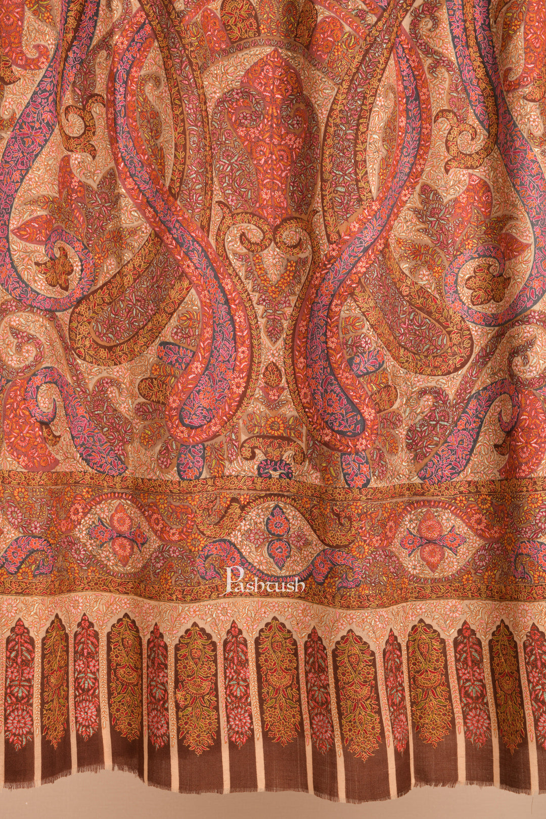 Pashtush Pure Pashmina Shawl for Men, Hand Embroidered Kalamkari, Needle Embroidery, Multicoloured