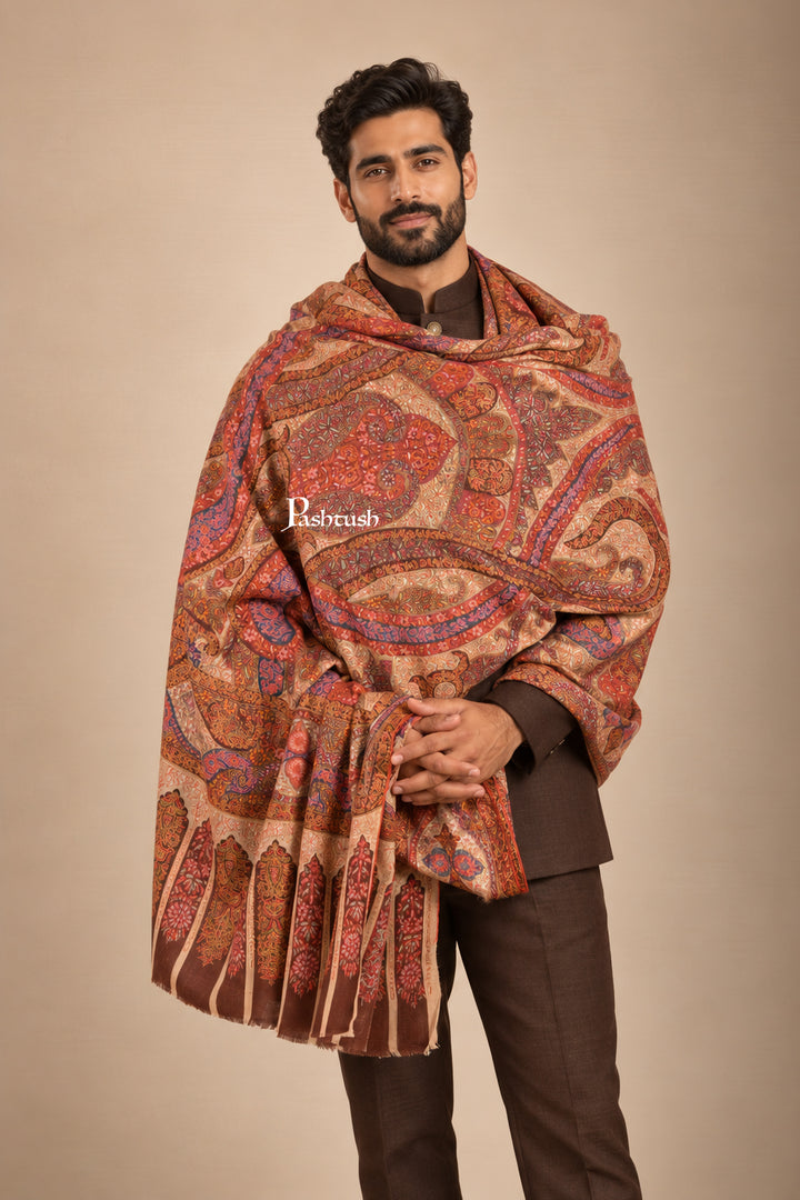 Pashtush Pure Pashmina Shawl for Men, Hand Embroidered Kalamkari, Needle Embroidery, Multicoloured