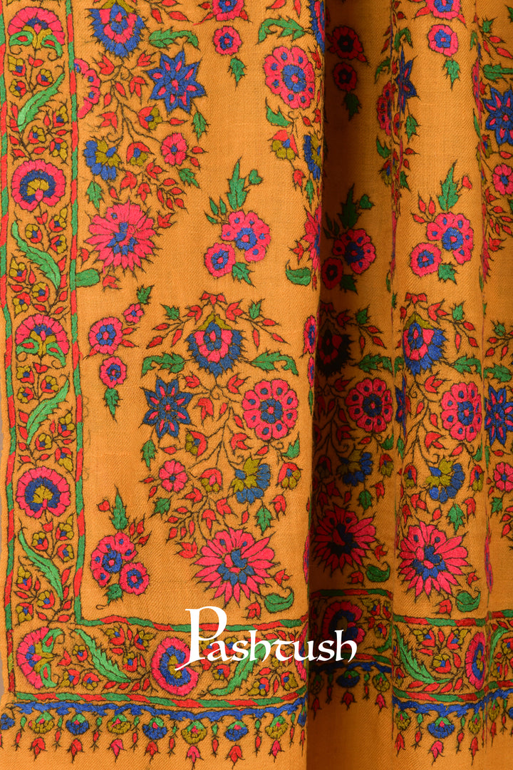 Pashtush Womens Pure Pashmina Shawl, Papier Mache Hand Embroidery, Mustard
