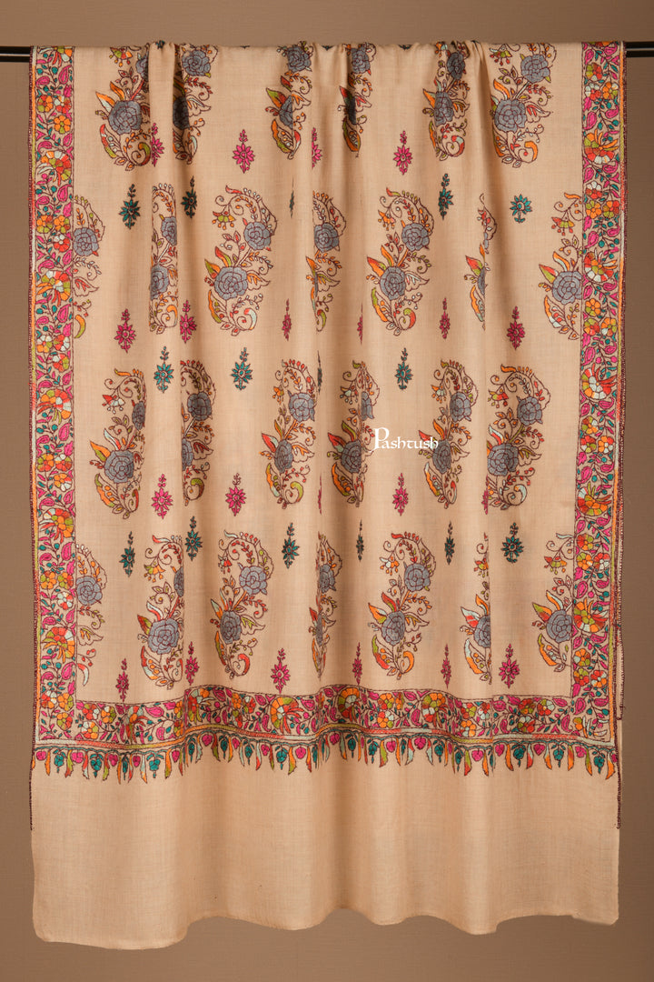 Pashtush Womens Pure Pashmina Shawl, Papier Mache Hand Embroidery, Gulabdaar Design, Beige