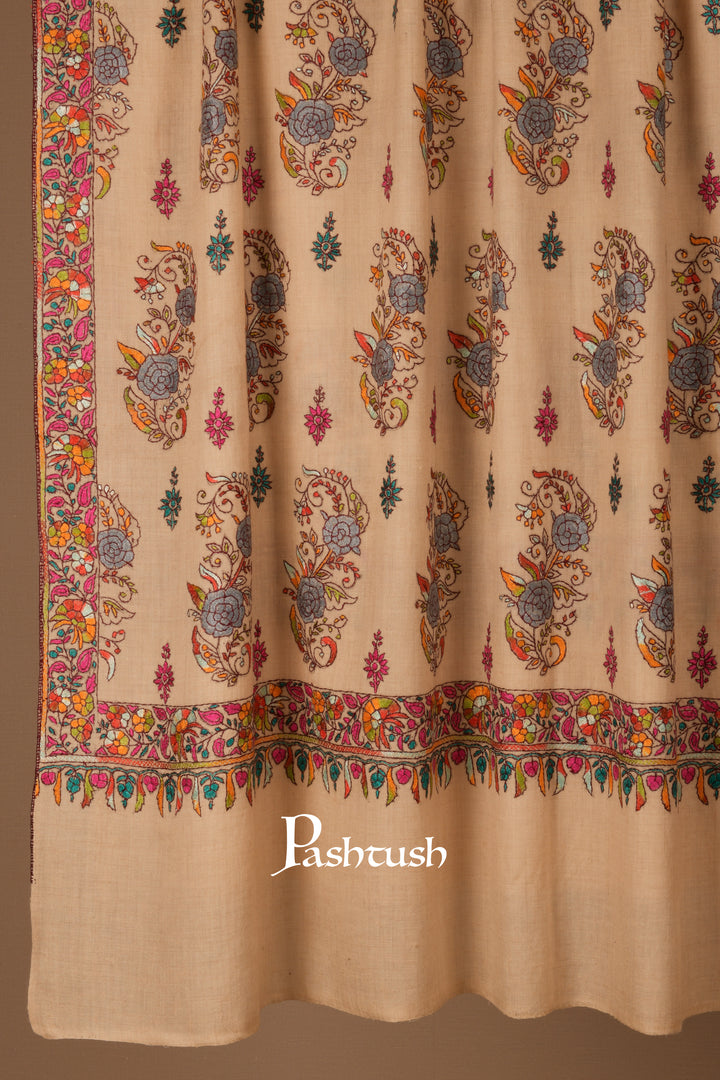Pashtush Womens Pure Pashmina Shawl, Papier Mache Hand Embroidery, Gulabdaar Design, Beige