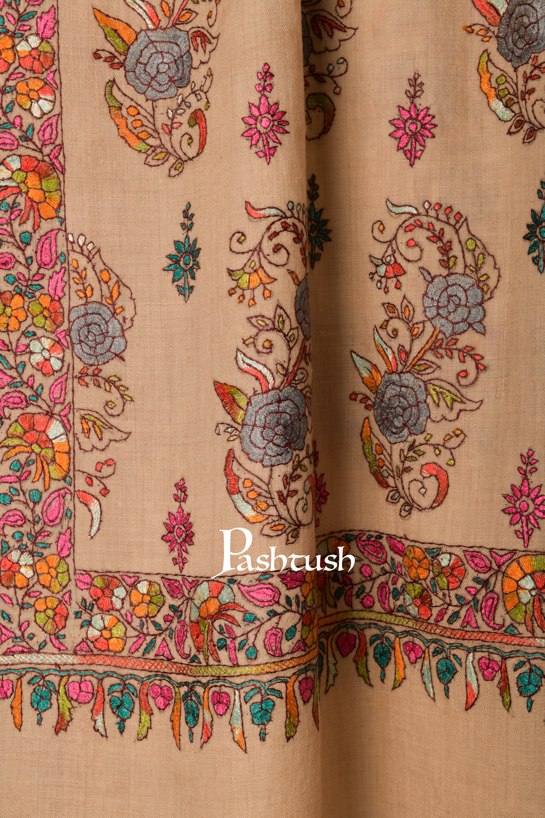 Pashtush Womens Pure Pashmina Shawl, Papier Mache Hand Embroidery, Gulabdaar Design, Beige