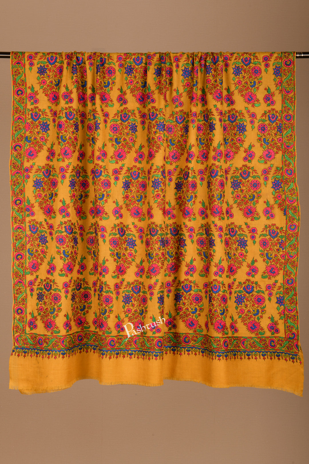 Pashtush Womens Pure Pashmina Shawl, Papier Mache Hand Embroidery, Mustard