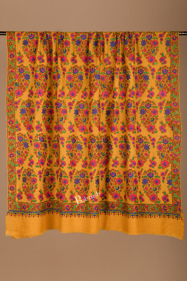 Pashtush Womens Pure Pashmina Shawl, Papier Mache Hand Embroidery, Mustard