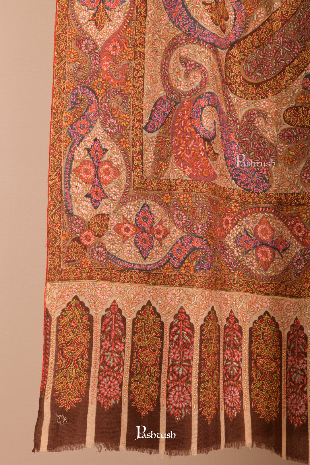 Pashtush Pure Pashmina Shawl for Men, Hand Embroidered Kalamkari, Needle Embroidery, Multicoloured