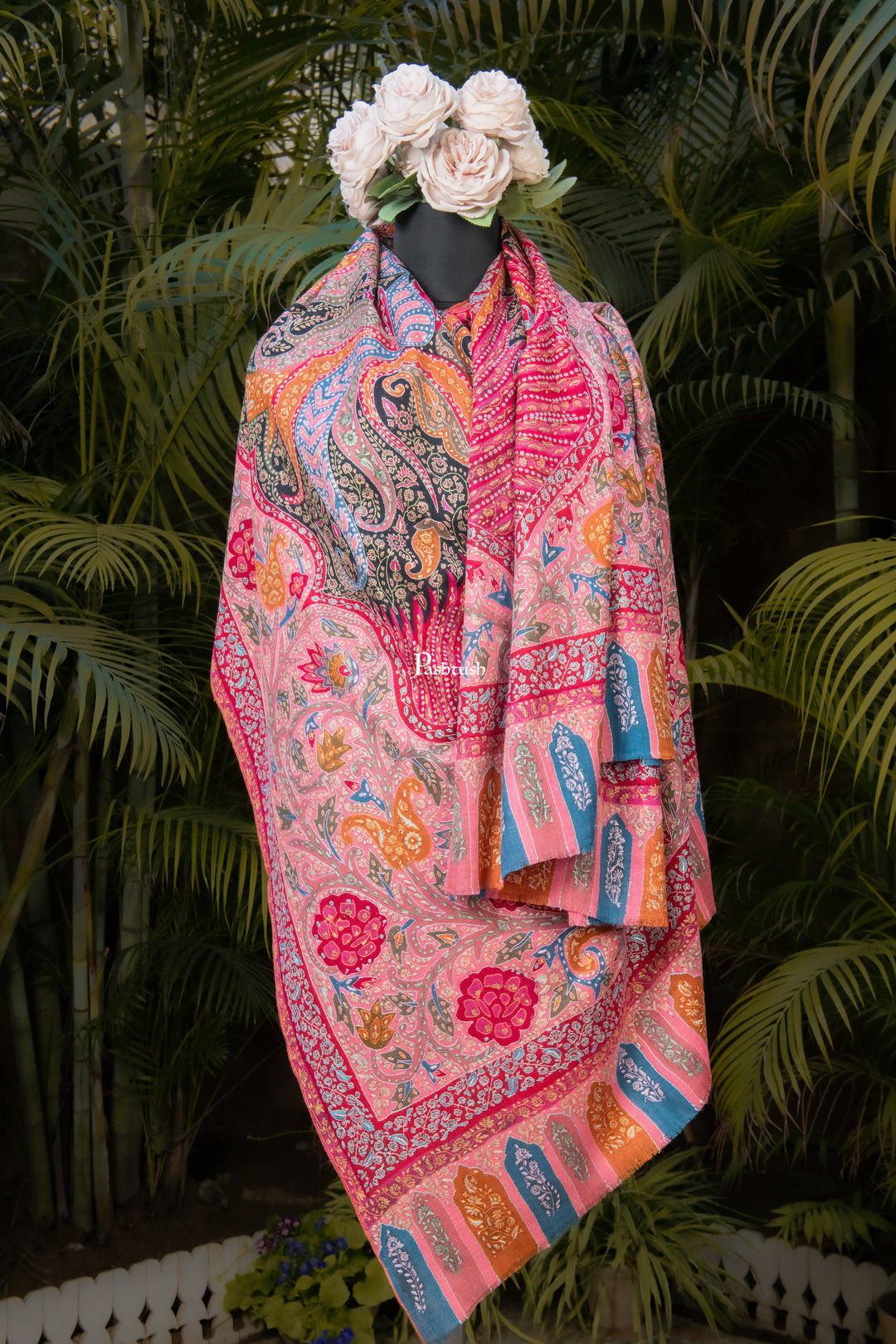 Pashtush Womens Pure Pashmina Shawl, Sozni Hand Embroidery, Hand Woven, Kalamkari Design, Multicolour