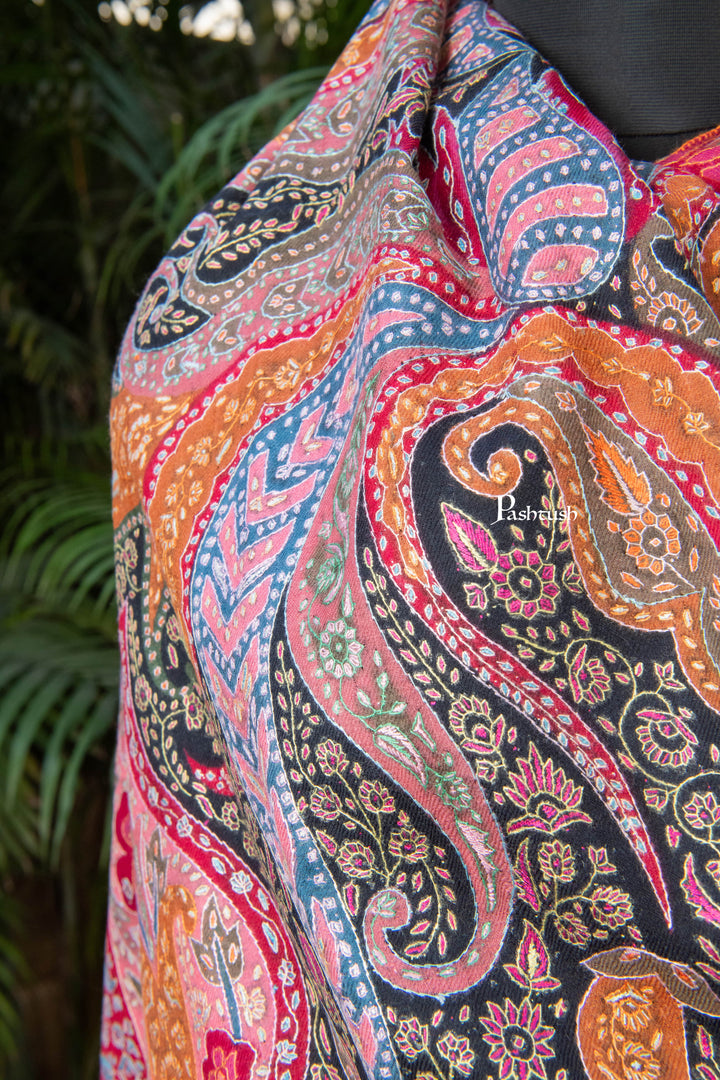 Pashtush Womens Pure Pashmina Shawl, Sozni Hand Embroidery, Hand Woven, Kalamkari Design, Multicolour