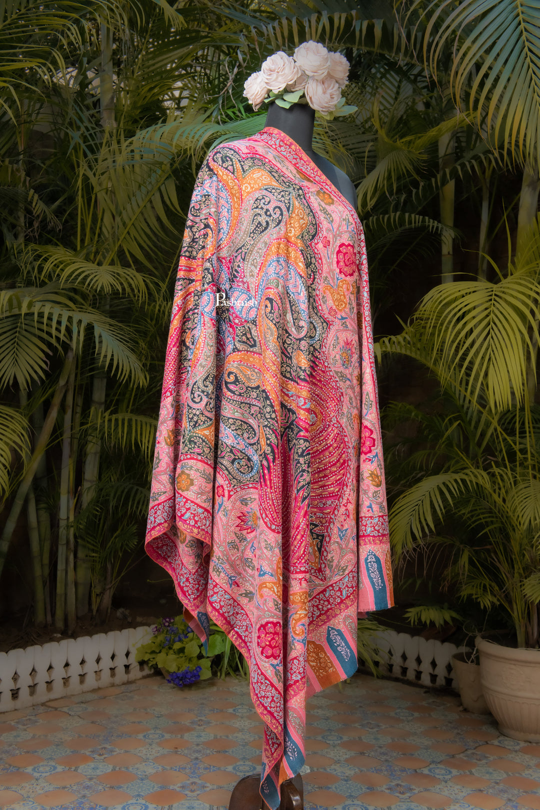 Pashtush Womens Pure Pashmina Shawl, Sozni Hand Embroidery, Hand Woven, Kalamkari Design, Multicolour