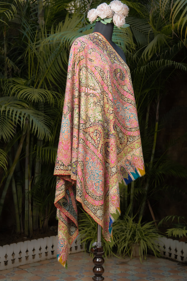 Pashtush Womens Pure Pashmina Shawl, Sozni Hand Embroidery, Hand Woven, Kalamkari Design, Multicolour