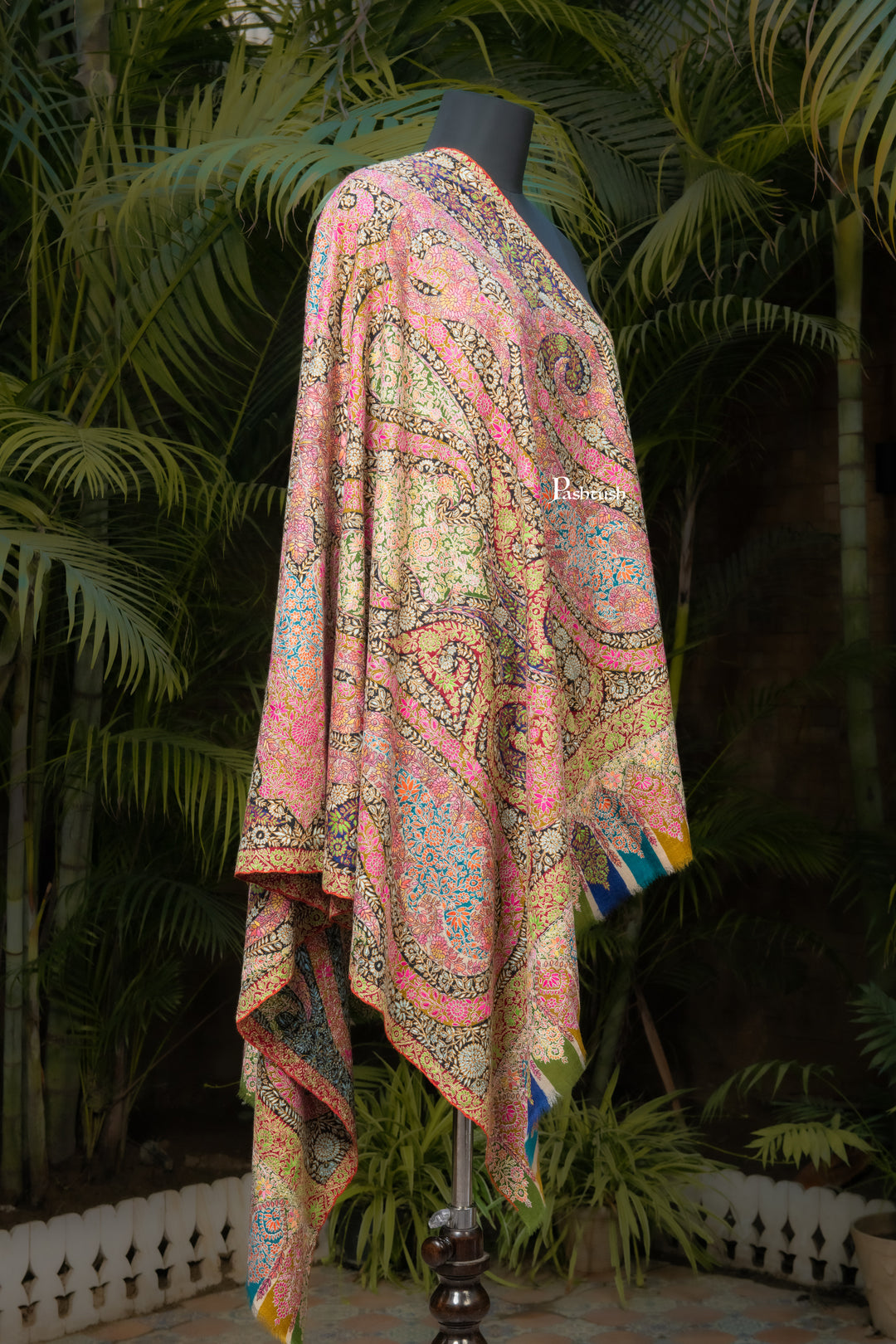 Pashtush Womens Pure Pashmina Shawl, Sozni Hand Embroidery, Hand Woven, Kalamkari Design, Multicolour