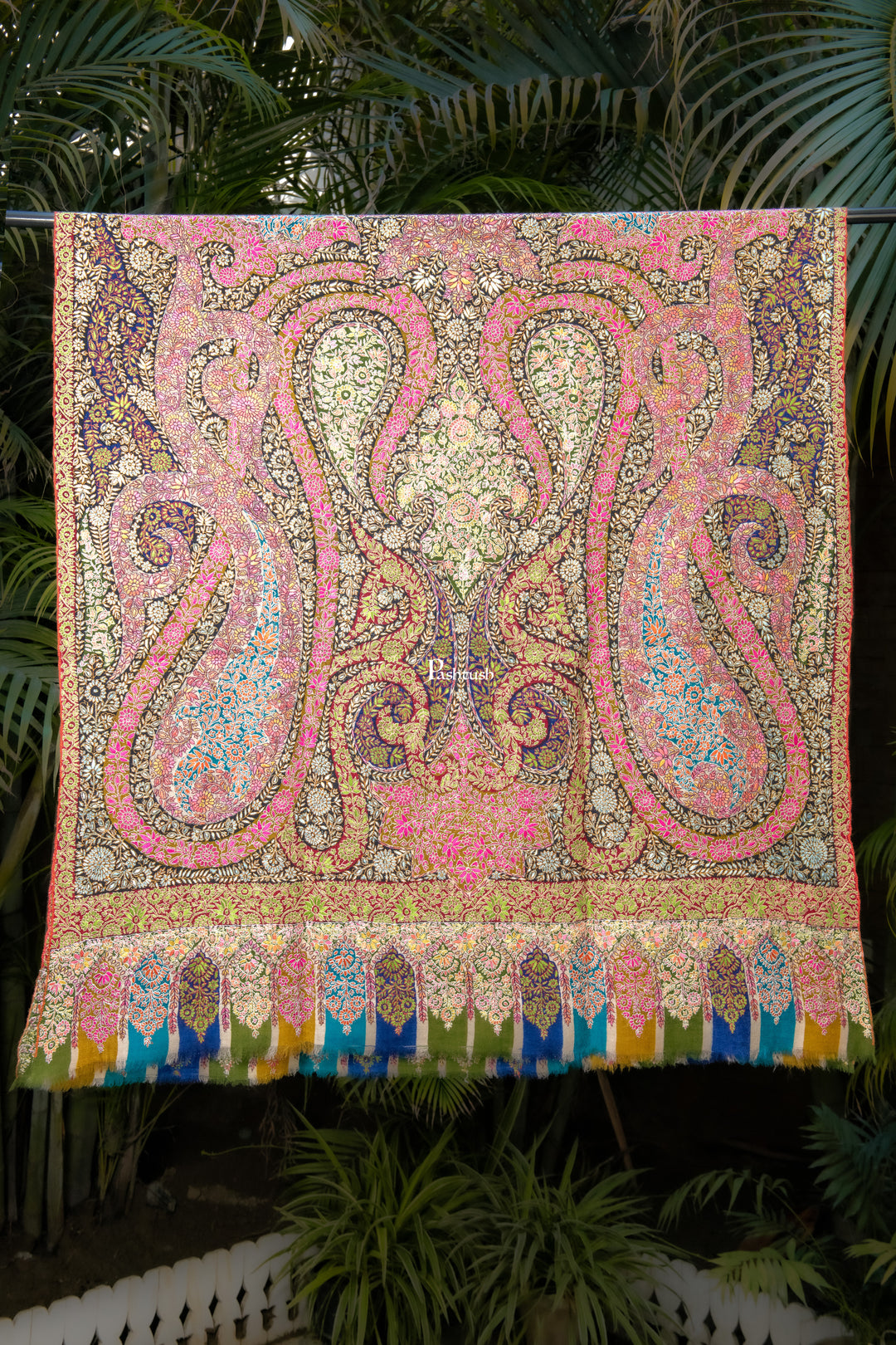Pashtush Womens Pure Pashmina Shawl, Sozni Hand Embroidery, Hand Woven, Kalamkari Design, Multicolour