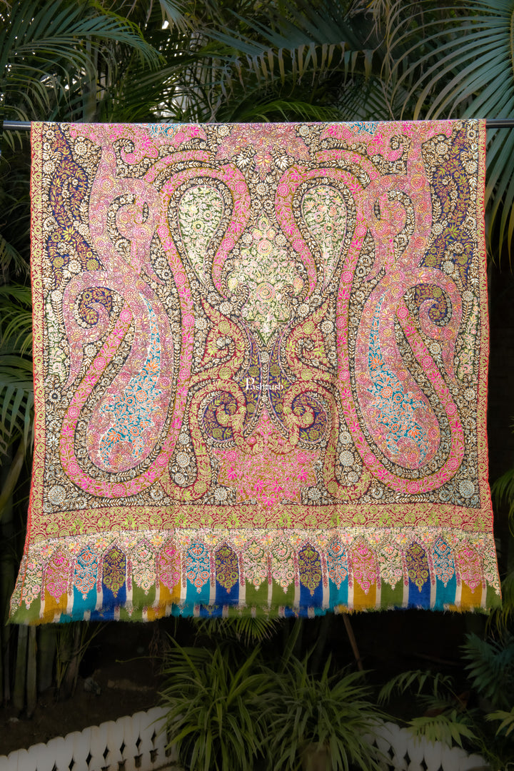 Pashtush Womens Pure Pashmina Shawl, Sozni Hand Embroidery, Hand Woven, Kalamkari Design, Multicolour