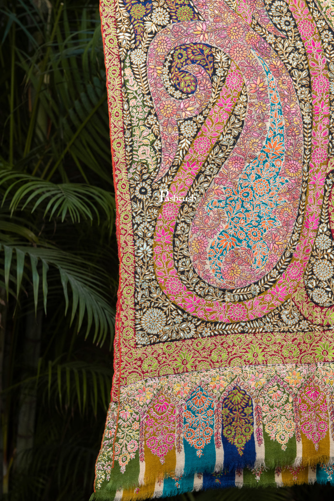 Pashtush Womens Pure Pashmina Shawl, Sozni Hand Embroidery, Hand Woven, Kalamkari Design, Multicolour