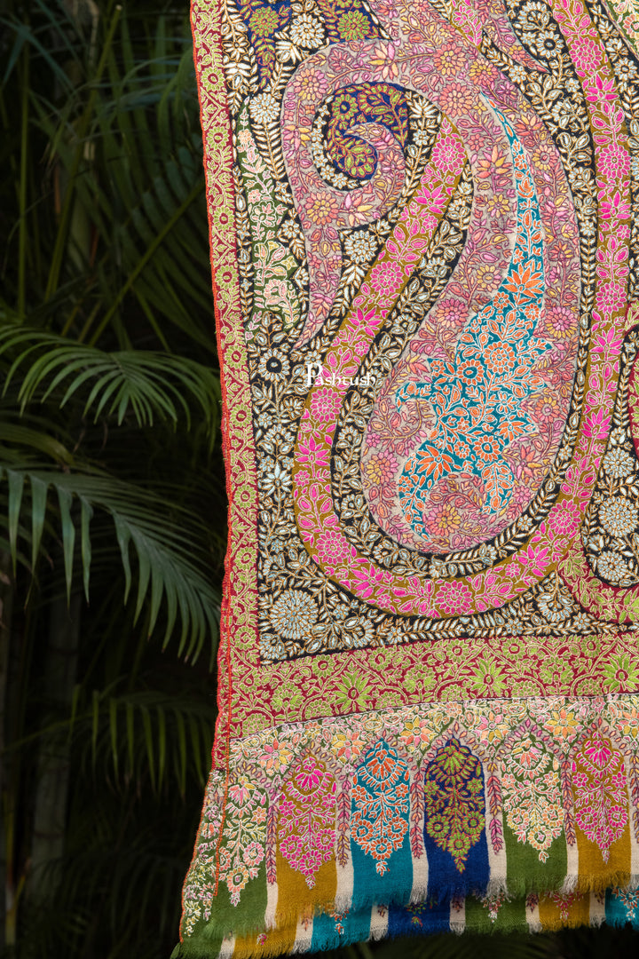 Pashtush Womens Pure Pashmina Shawl, Sozni Hand Embroidery, Hand Woven, Kalamkari Design, Multicolour