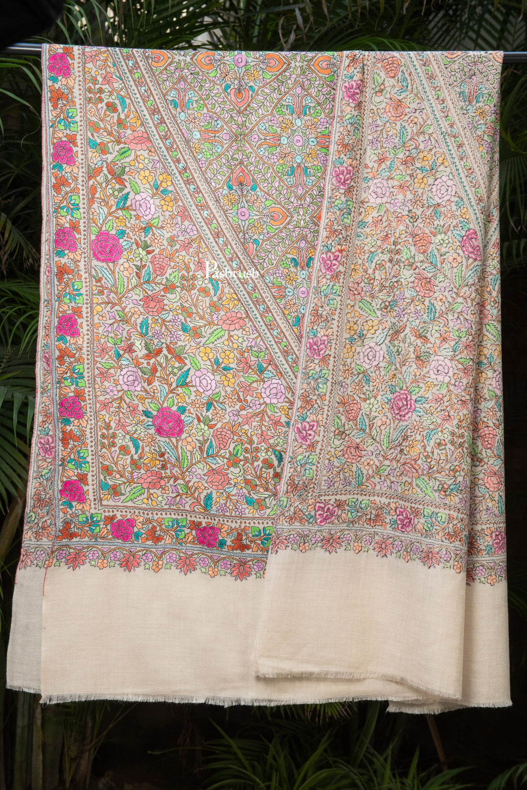 Pashtush Womens Pure Pashmina Shawl, Papier Mache Hand Embroidery, Hand Woven, Gulabdaar Design, Multicolour With Natural Woven Base