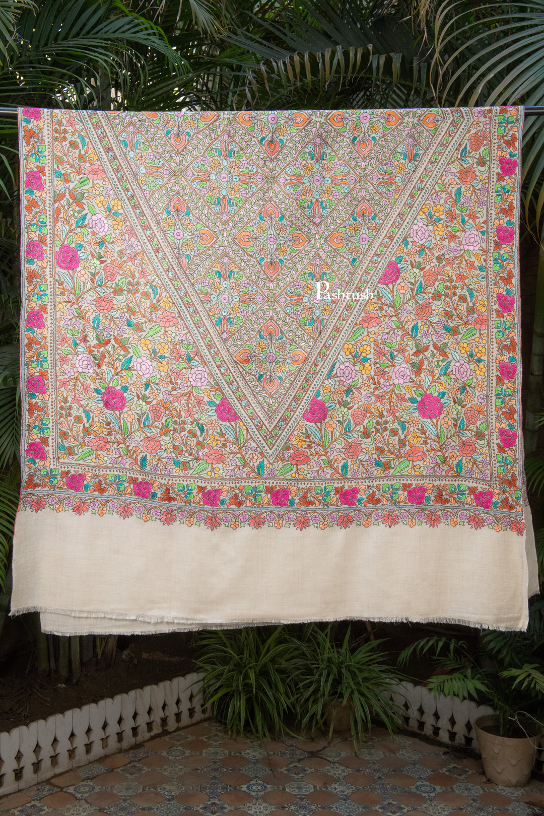 Pashtush Womens Pure Pashmina Shawl, Papier Mache Hand Embroidery, Hand Woven, Gulabdaar Design, Multicolour With Natural Woven Base