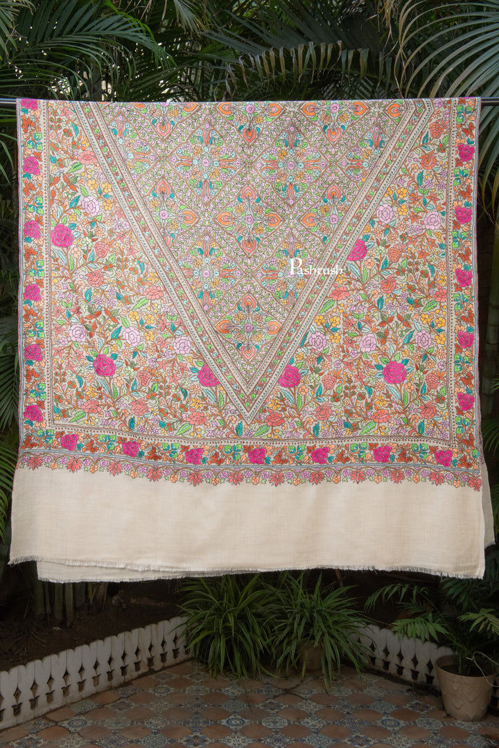 Pashtush Womens Pure Pashmina Shawl, Papier Mache Hand Embroidery, Hand Woven, Gulabdaar Design, Multicolour With Natural Woven Base