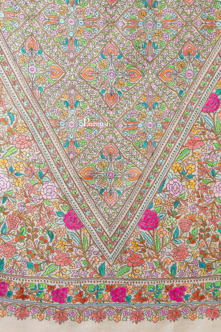 Pashtush Womens Pure Pashmina Shawl, Papier Mache Hand Embroidery, Hand Woven, Gulabdaar Design, Multicolour With Natural Woven Base