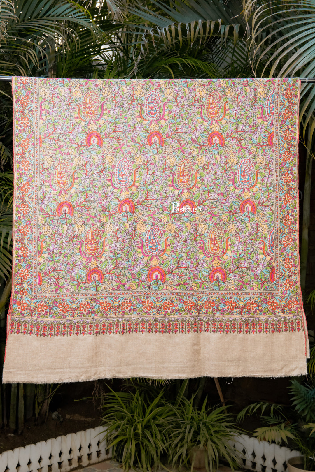 Pashtush Womens Pure Pashmina Shawl, Papier Mache Hand Embroidery, Hand Woven, Gulabdaar Design, Multicolour With Natural Woven Base