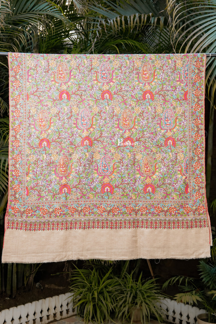 Pashtush Womens Pure Pashmina Shawl, Papier Mache Hand Embroidery, Hand Woven, Gulabdaar Design, Multicolour With Natural Woven Base