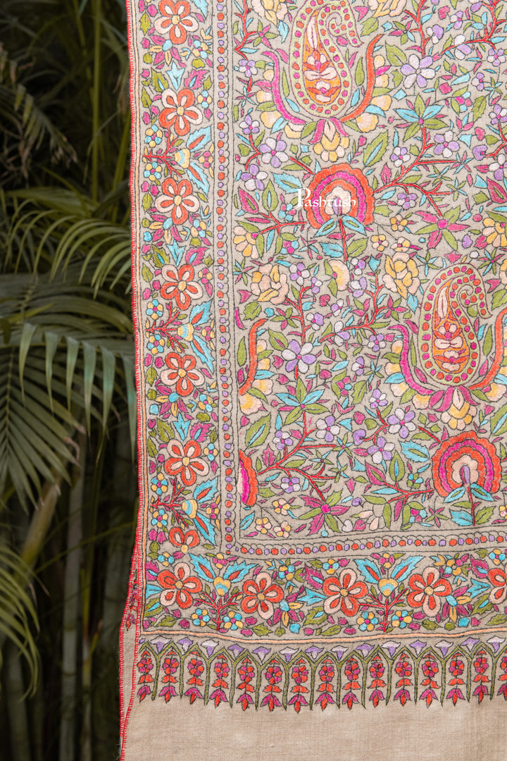 Pashtush Womens Pure Pashmina Shawl, Papier Mache Hand Embroidery, Hand Woven, Gulabdaar Design, Multicolour With Natural Woven Base