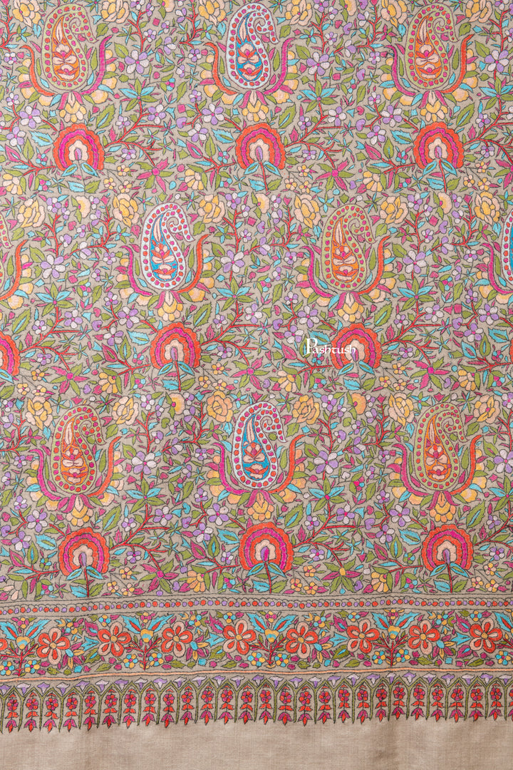 Pashtush Womens Pure Pashmina Shawl, Papier Mache Hand Embroidery, Hand Woven, Gulabdaar Design, Multicolour With Natural Woven Base