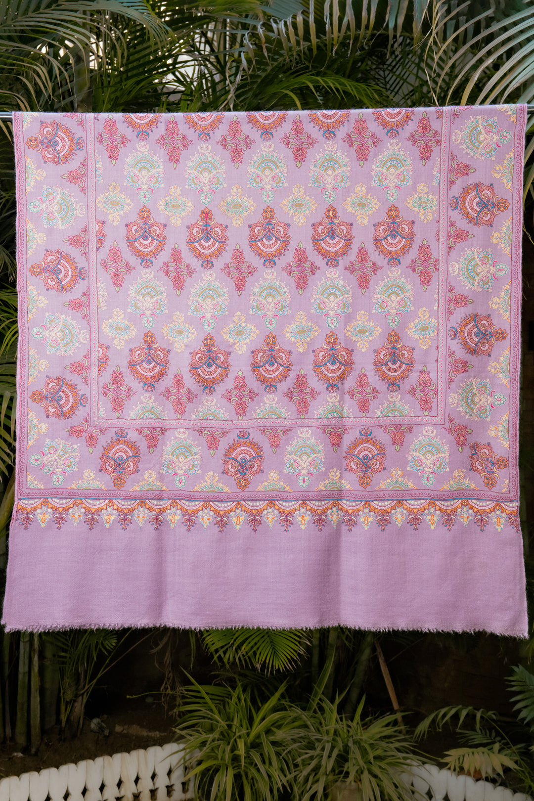 Pashtush Womens Pure Pashmina Shawl, Sozni Hand Embroidery, Hand Woven Design, Peel Lilac