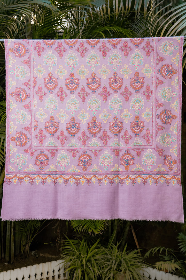 Pashtush Womens Pure Pashmina Shawl, Sozni Hand Embroidery, Hand Woven Design, Peel Lilac