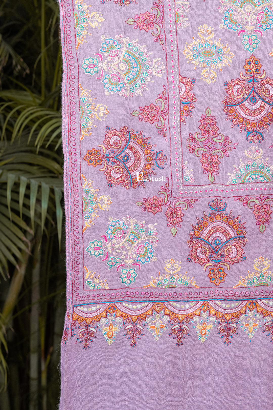 Pashtush Womens Pure Pashmina Shawl, Sozni Hand Embroidery, Hand Woven Design, Peel Lilac
