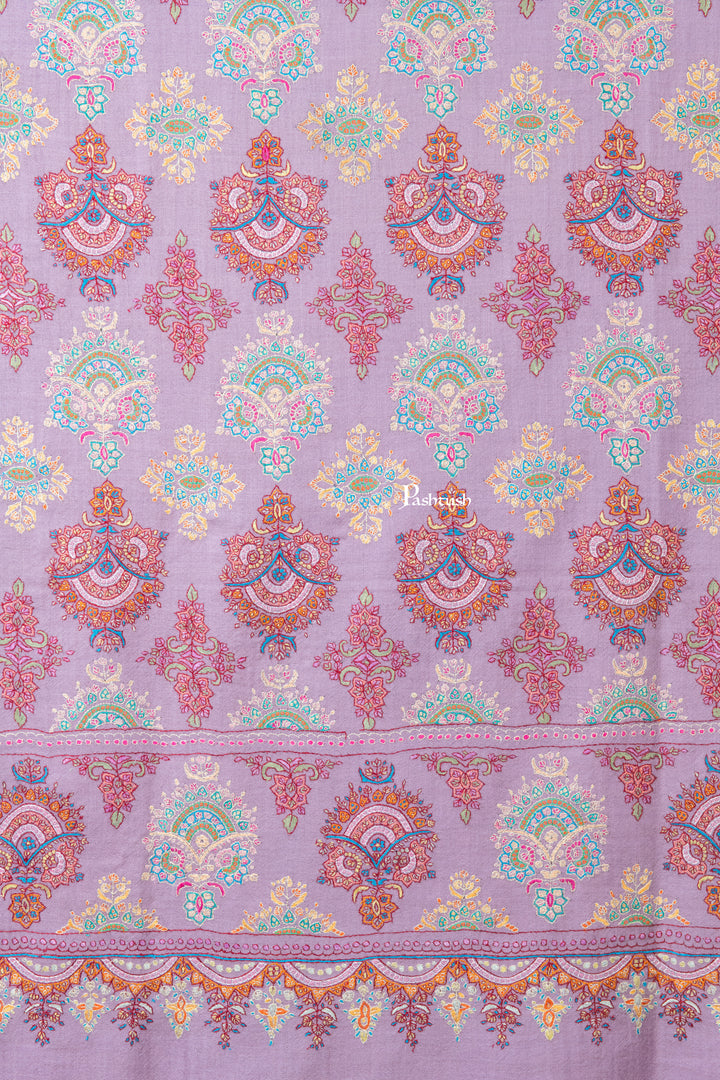 Pashtush Womens Pure Pashmina Shawl, Sozni Hand Embroidery, Hand Woven Design, Peel Lilac