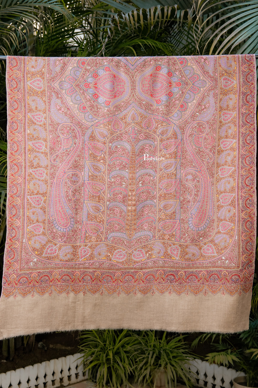 Pashtush Womens Pure Pashmina Shawl, Sozni Hand Embroidery, Hand Woven Design, Multicolour With Natural Woven Base