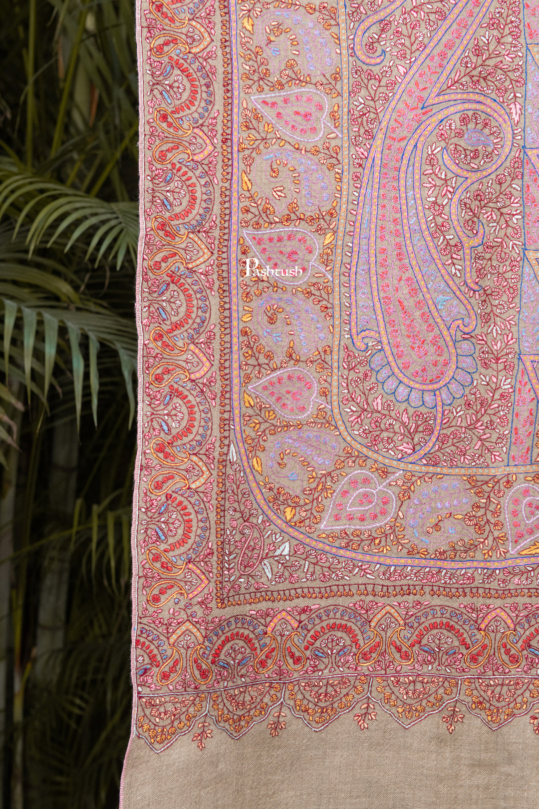 Pashtush Womens Pure Pashmina Shawl, Sozni Hand Embroidery, Hand Woven Design, Multicolour With Natural Woven Base