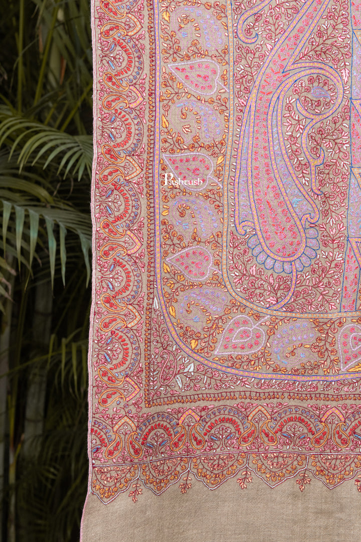 Pashtush Womens Pure Pashmina Shawl, Sozni Hand Embroidery, Hand Woven Design, Multicolour With Natural Woven Base