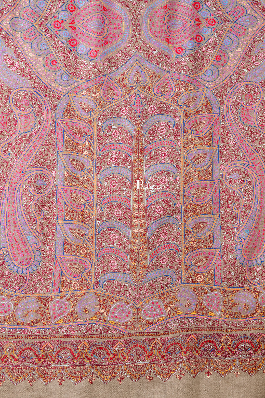 Pashtush Womens Pure Pashmina Shawl, Sozni Hand Embroidery, Hand Woven Design, Multicolour With Natural Woven Base