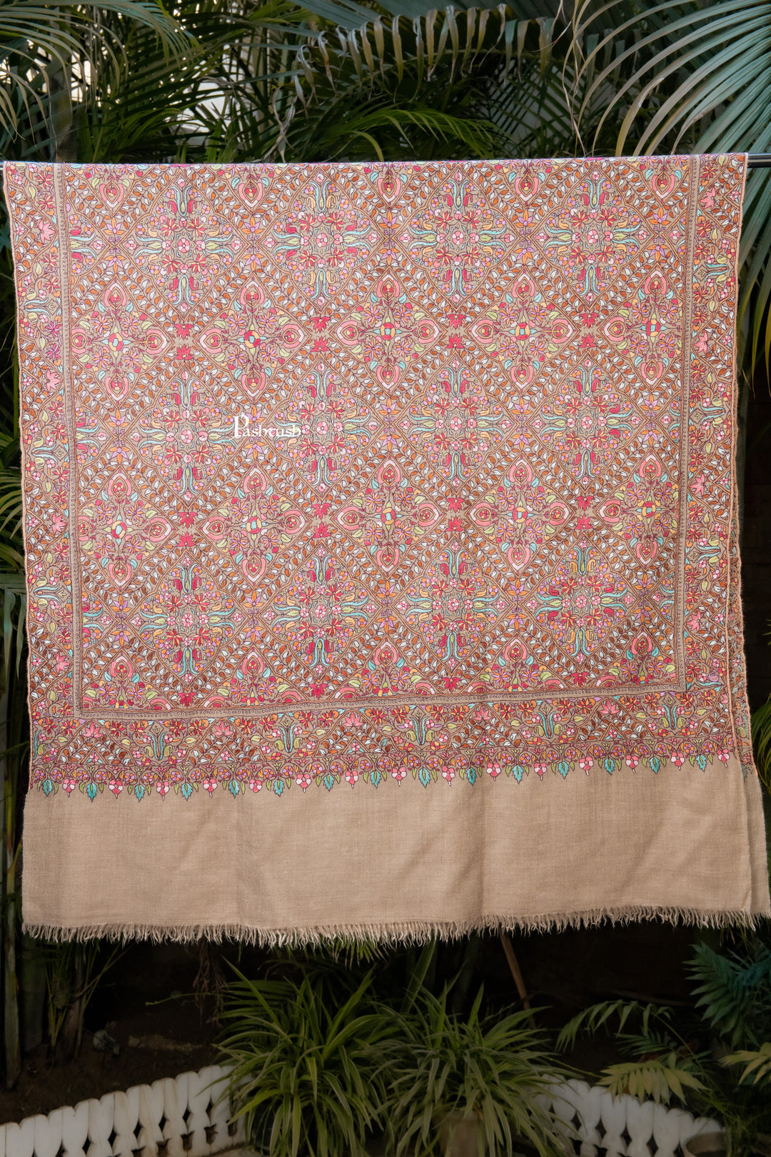 Pashtush Womens Pure Pashmina Shawl, Sozni Hand Embroidery, Hand Woven Design, Multicolour With Natural Woven Base