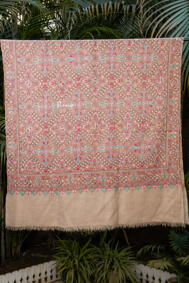 Pashtush Womens Pure Pashmina Shawl, Sozni Hand Embroidery, Hand Woven Design, Multicolour With Natural Woven Base